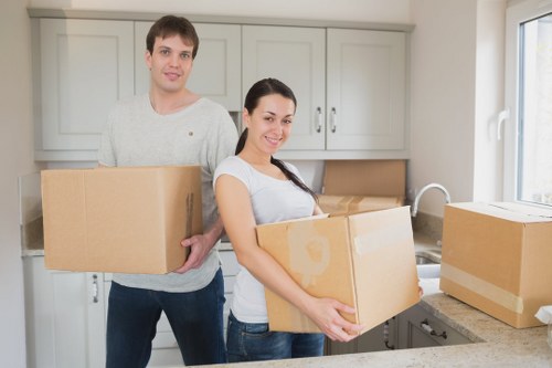 Neatly labelled boxes for household storage organisation in Clapham